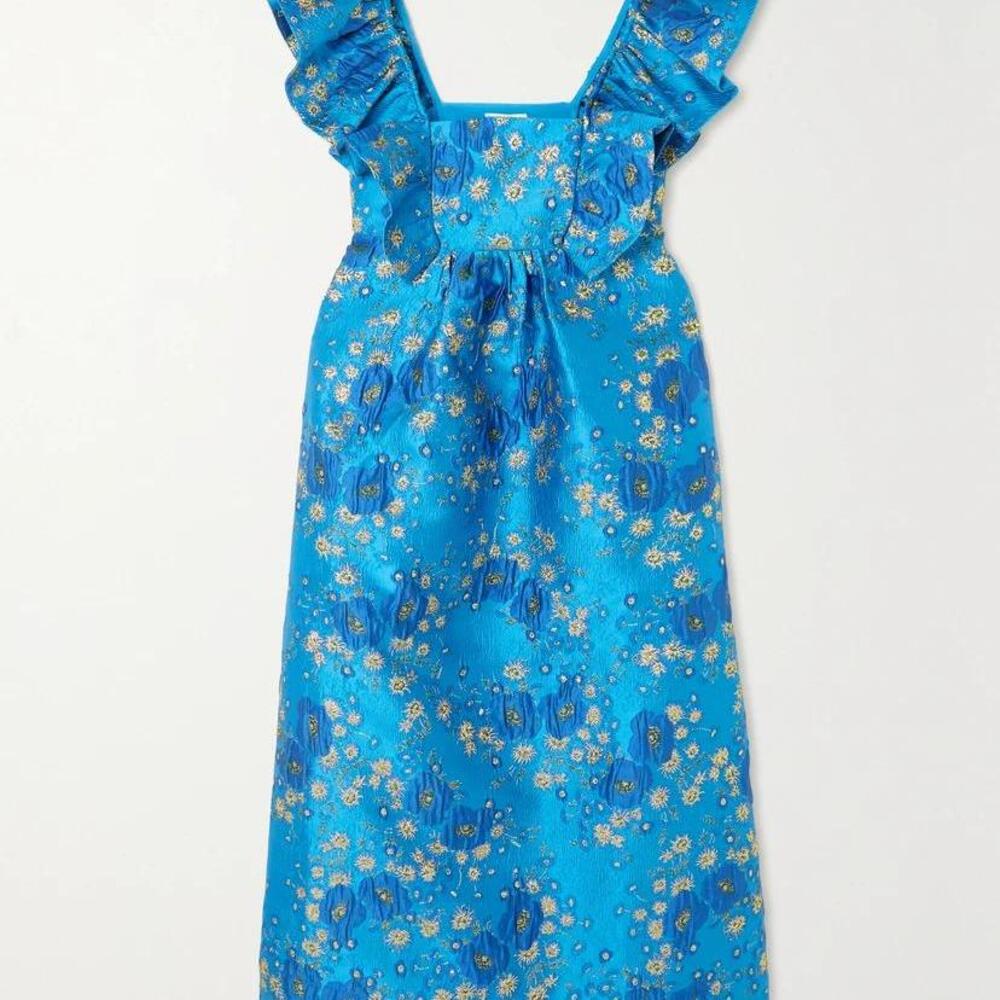 Ruffled metallic recycled-cloqué maxi dress in Blue